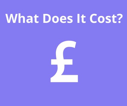 Purple square with white text and pound symbol. Text reads: What Does It Cost?