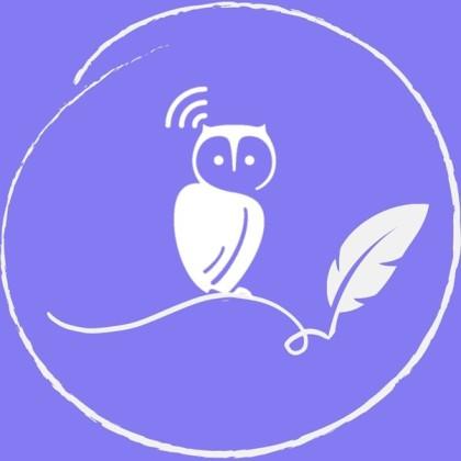 Listening Books blog logo. Purple background with an owl in white sat in a circle and sat on a quill that looks like a tree branch.