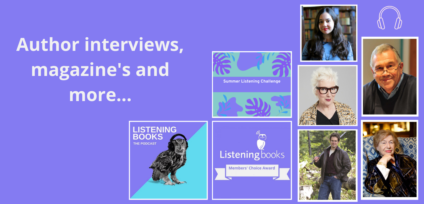 Purple background with author images and podcast logo framed in white. Text reads Author Interviews, Magazines and More