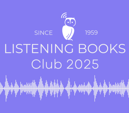 Listening Books Club logo-purple background with white text and audiogram shape. Text reads The Listening Books Club 2025