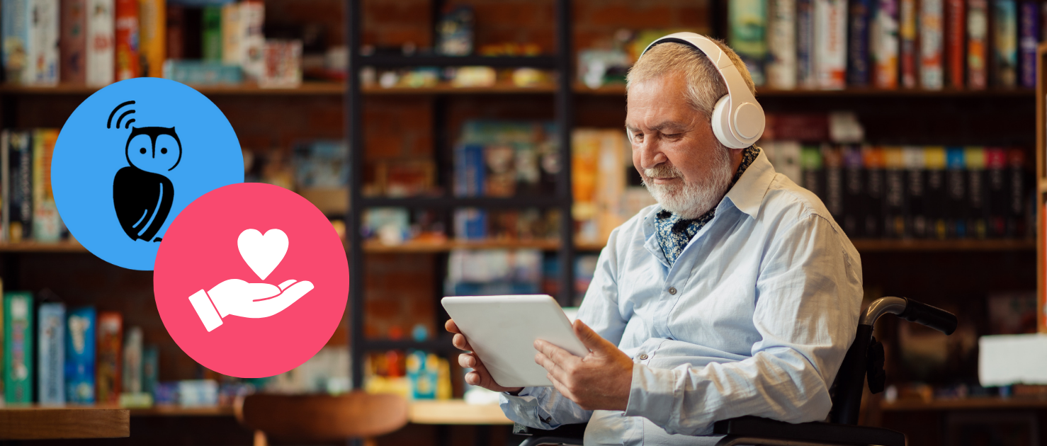 Older man sat looking at an tablet computer with book shelves in the background. To the right there is a blue circle with the Listening Books owl, and a pink circle with a hand.